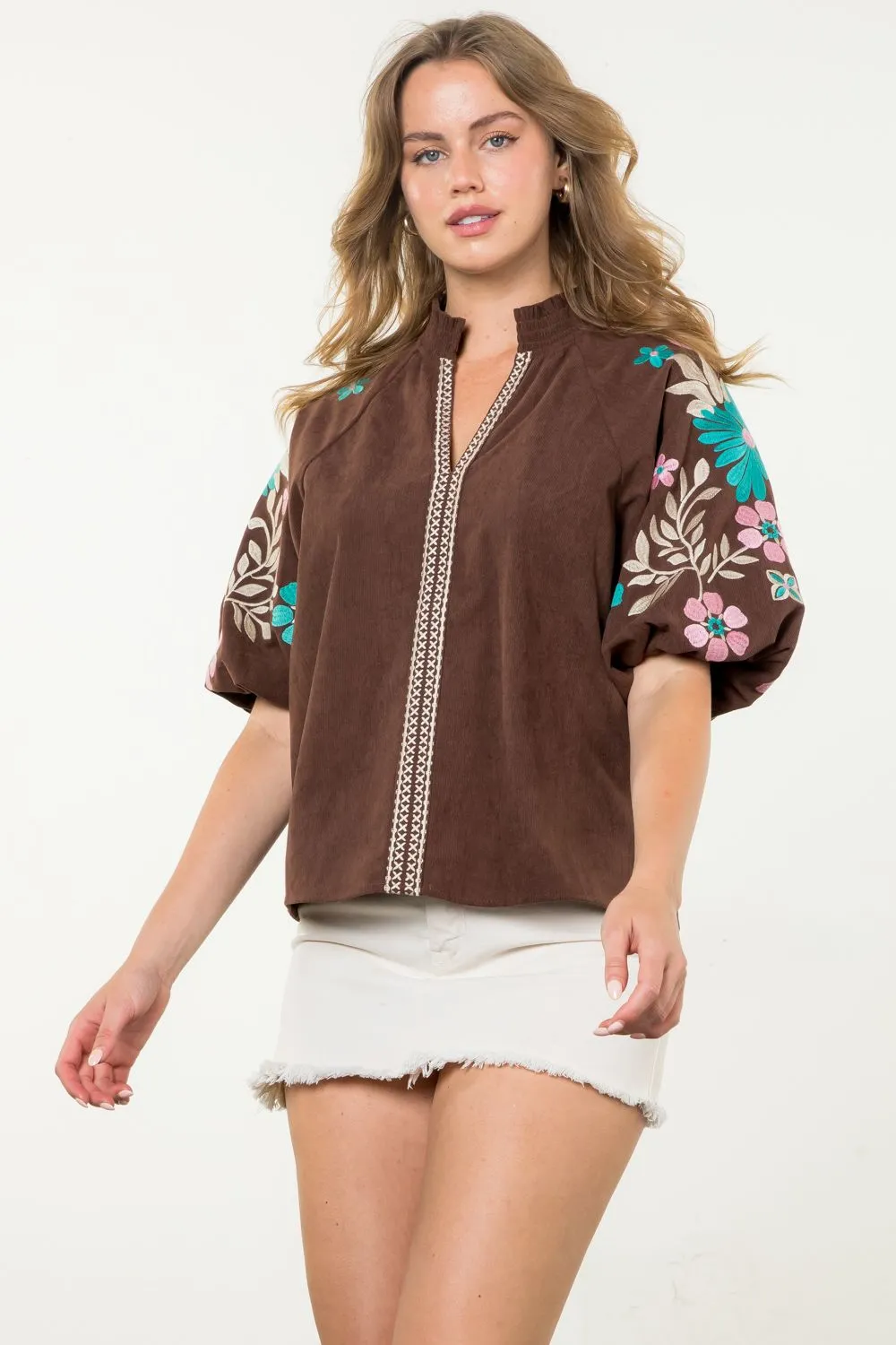 Rocio Embroidered Puff Sleeve Corduroy THML Top