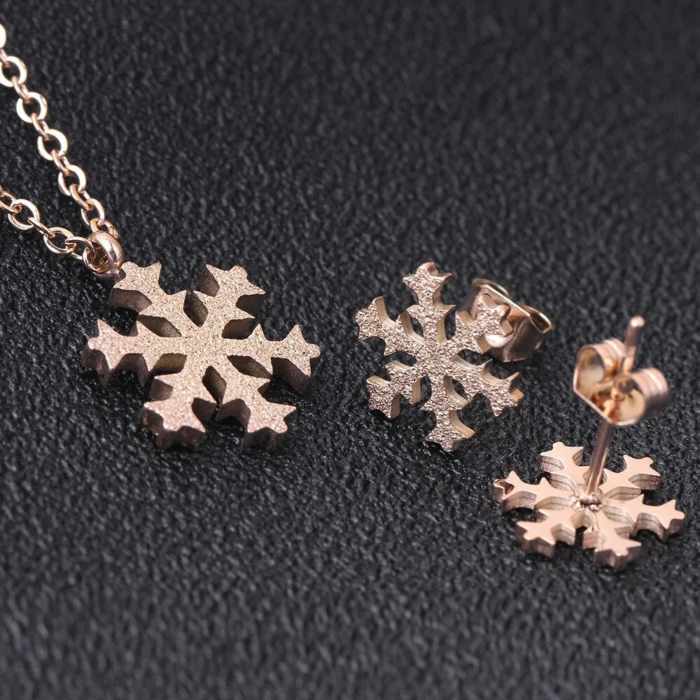 Rose-Gold-Plated Sparkling Snow Stainless Steel Necklace & Earrings Wedding Jewelry Set