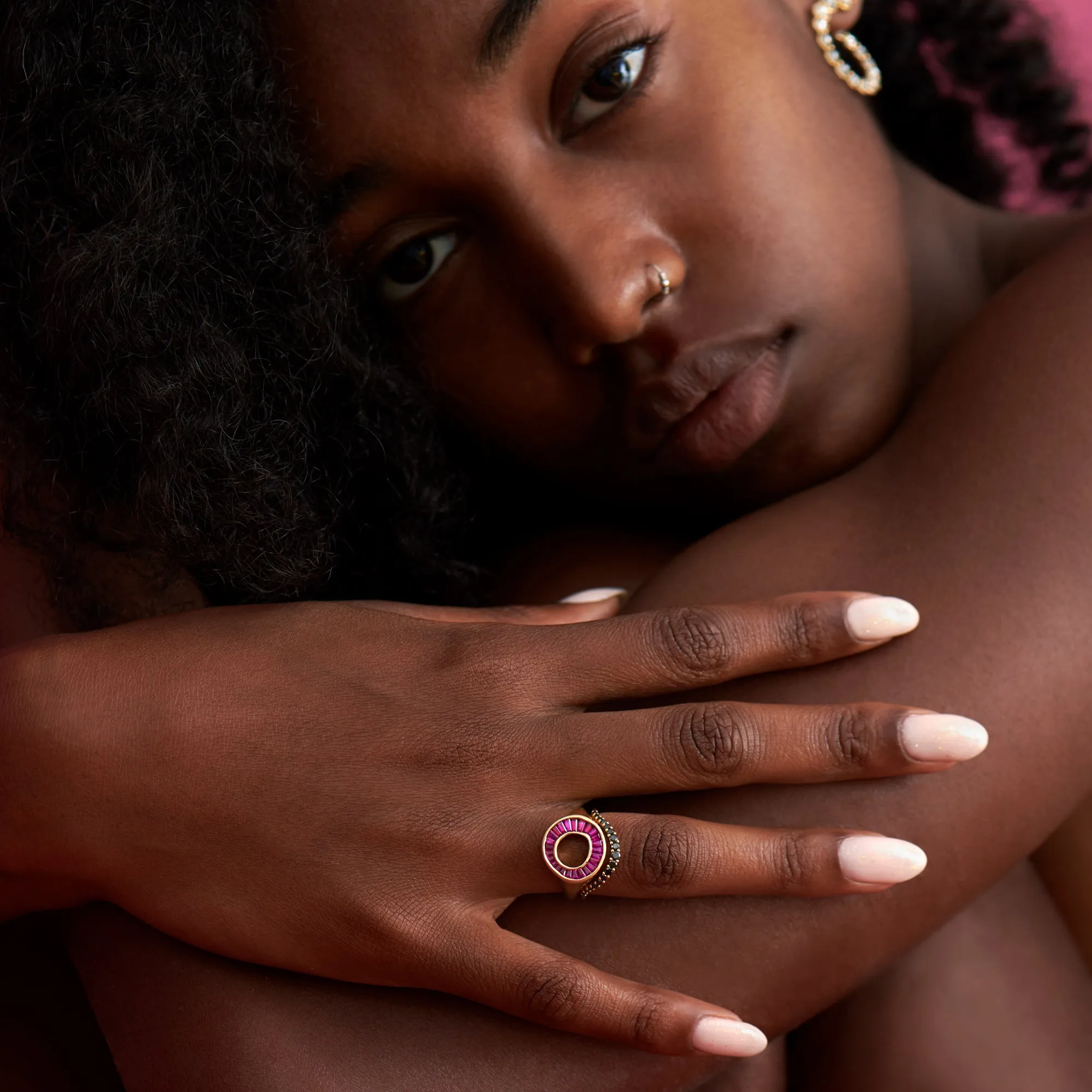 Ruby Tapered Baguette Gold Statement Ring