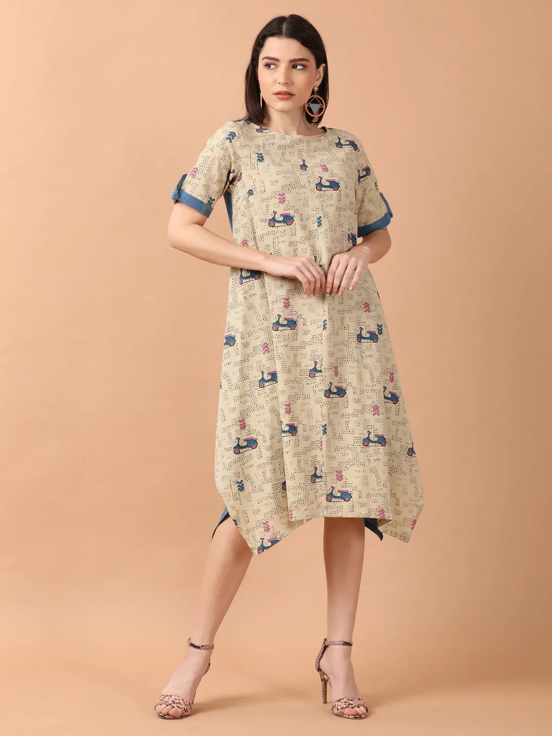 Scooter Motif Printed a Line Wrap Dress