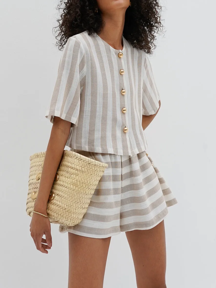 Simona Stripe Resort Shirt | Almond & White