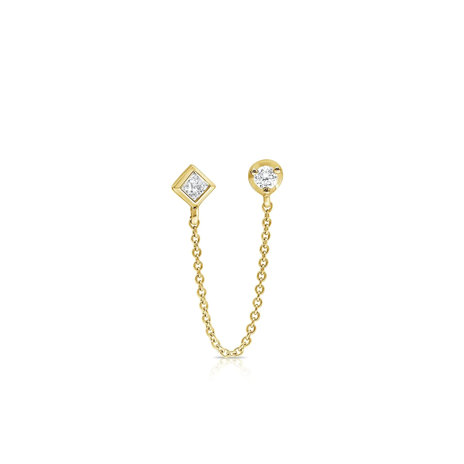 Single Double-Stud Earring with Chain Connection with Princess and Round Cut