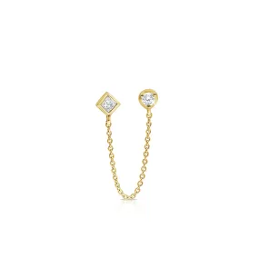 Single Double-Stud Earring with Chain Connection with Princess and Round Cut