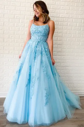 Sky Blue Spaghetti-Straps Appliques Evening Dress