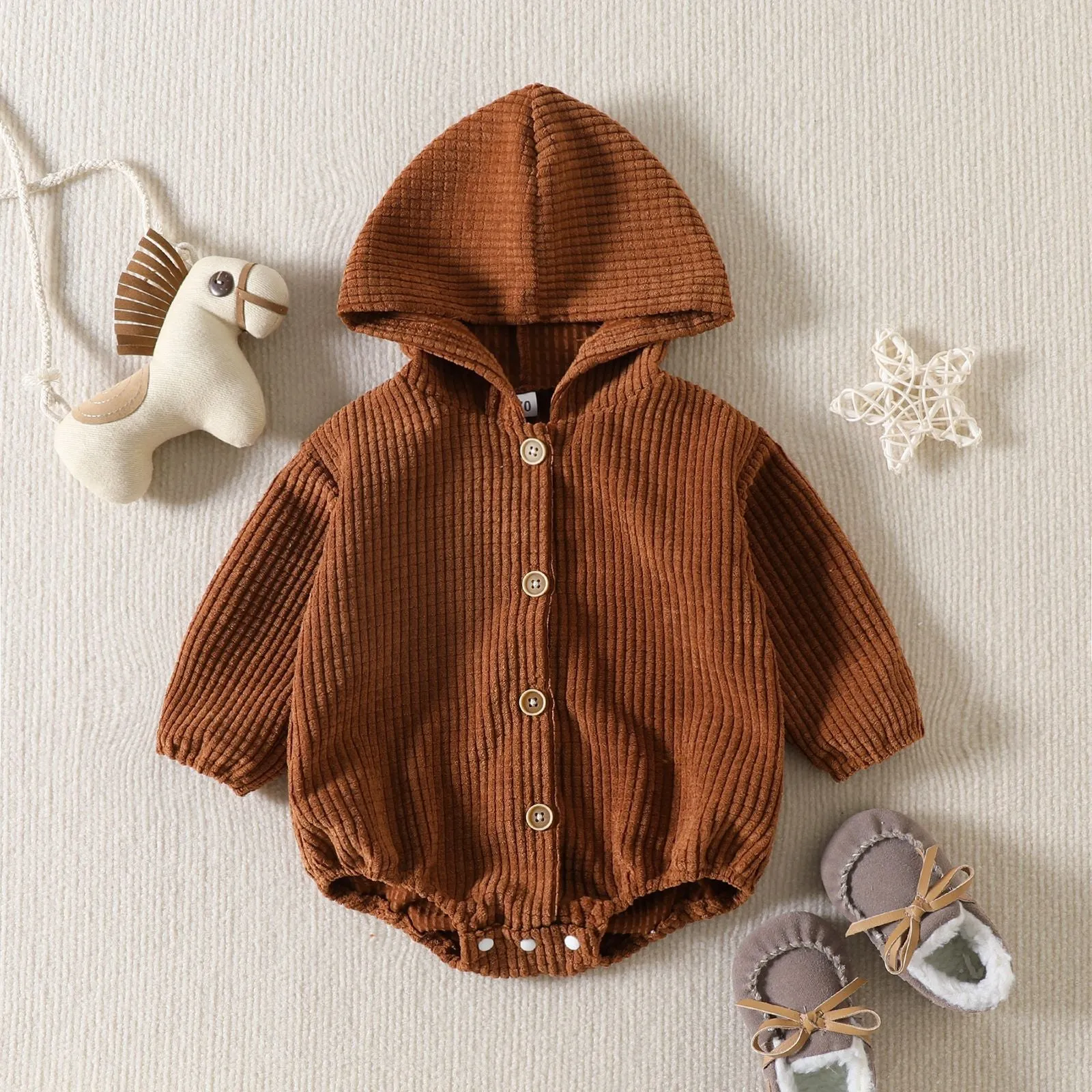 Spring 2023 Children's Bodysuit Solid Corduroy Infant/Toddler Hooded Triangle Romper