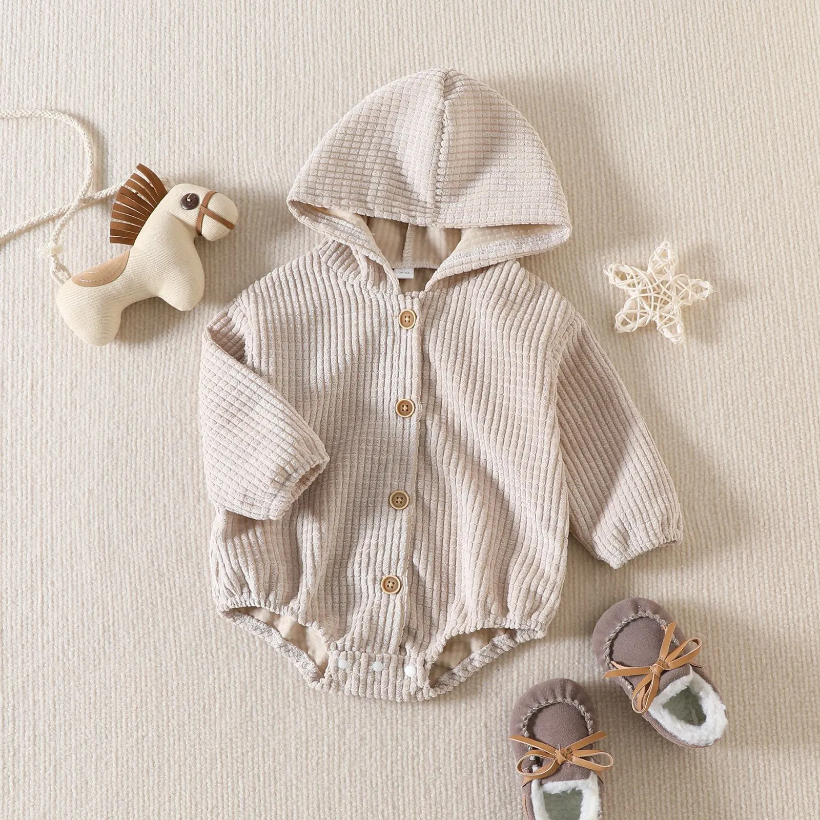 Spring 2023 Children's Bodysuit Solid Corduroy Infant/Toddler Hooded Triangle Romper