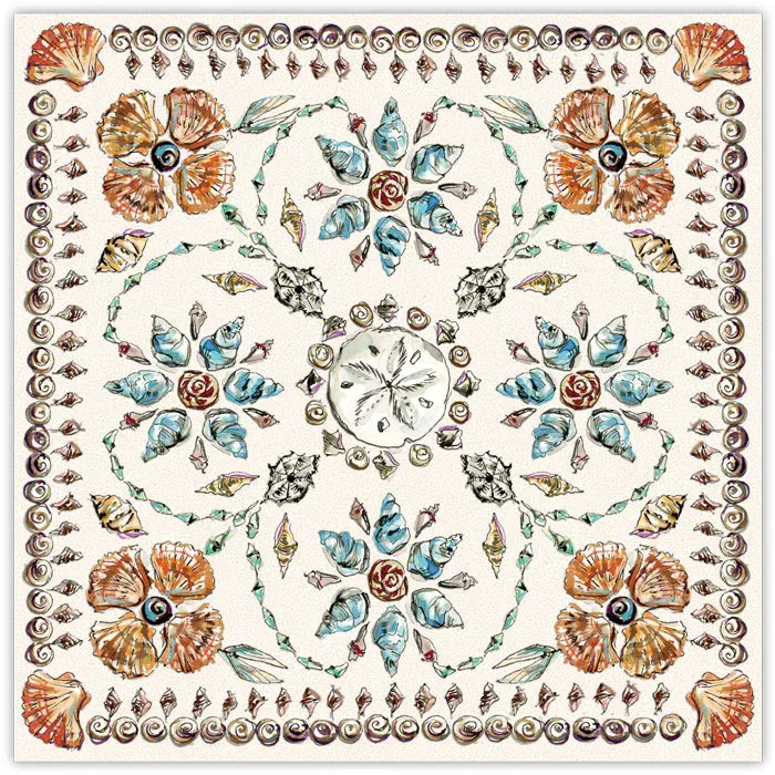 Square Placemat - Handpainted Coastal Seashells Mosaic/Round Woven Rattan