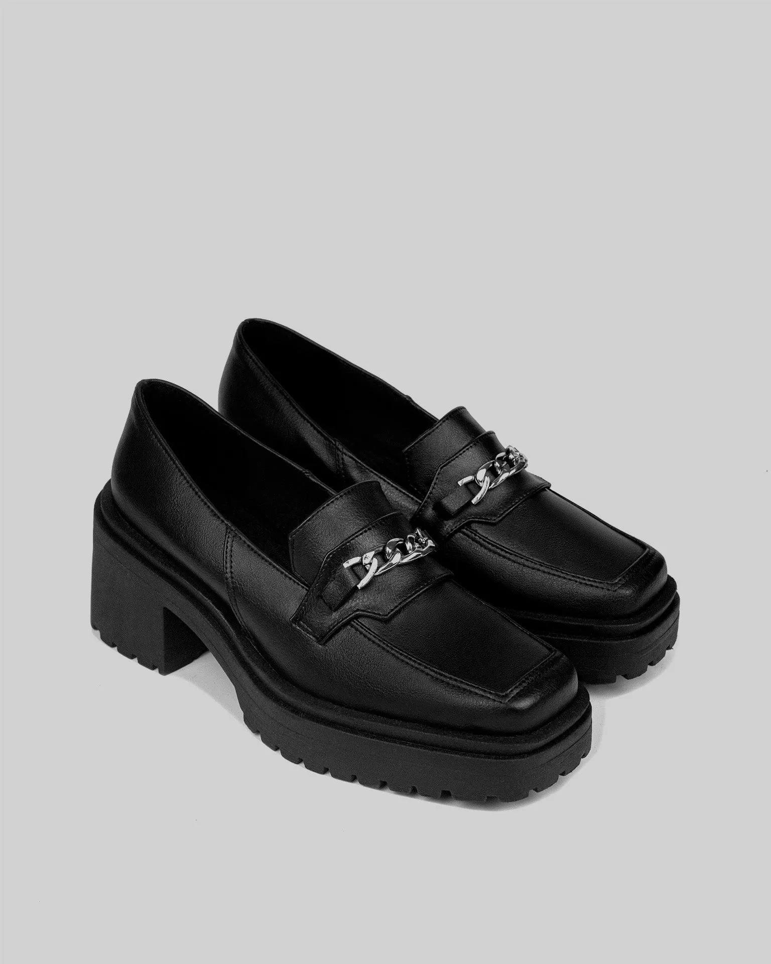 Squared Chunky Grape Leather Vegan Loafers | Black