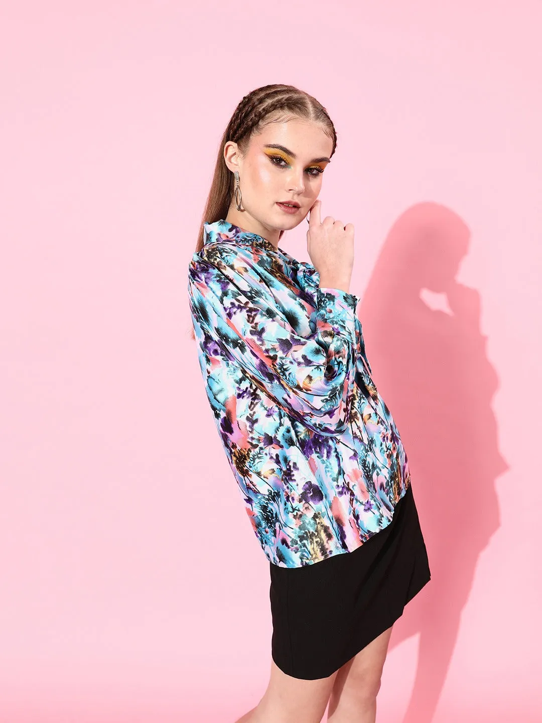 Style Quotient Women Blue & Pink Floral Print Tie-Up Neck Top