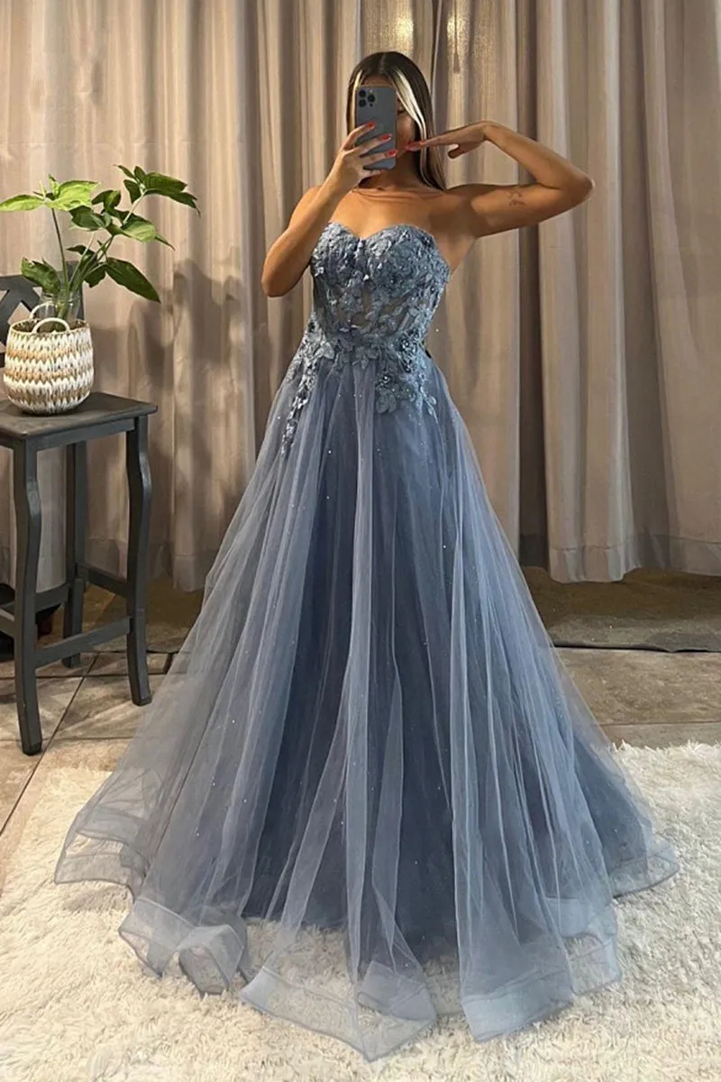 Sweetheart Appliques Tulle Beadings Long A-Line Prom Dress