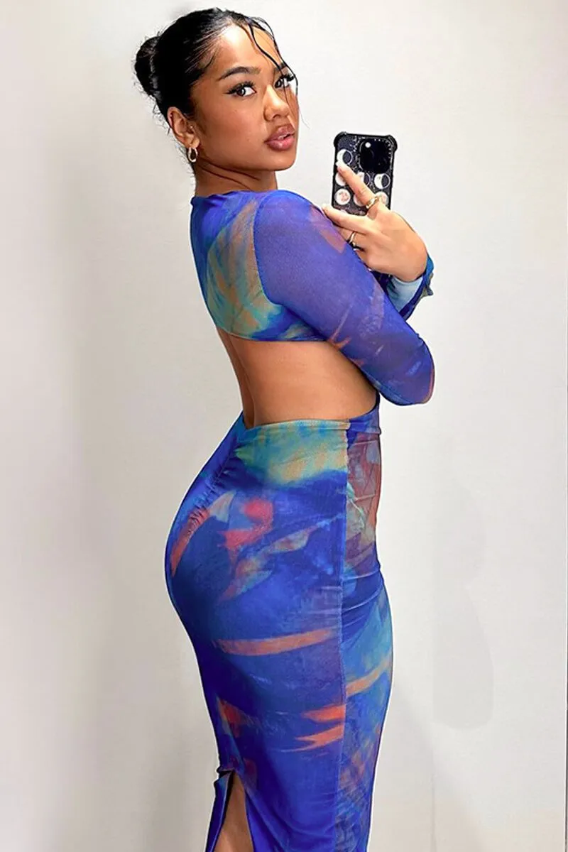 Tie Dye Cut Out Mesh Bodycon Midi Dress Long Sleeve