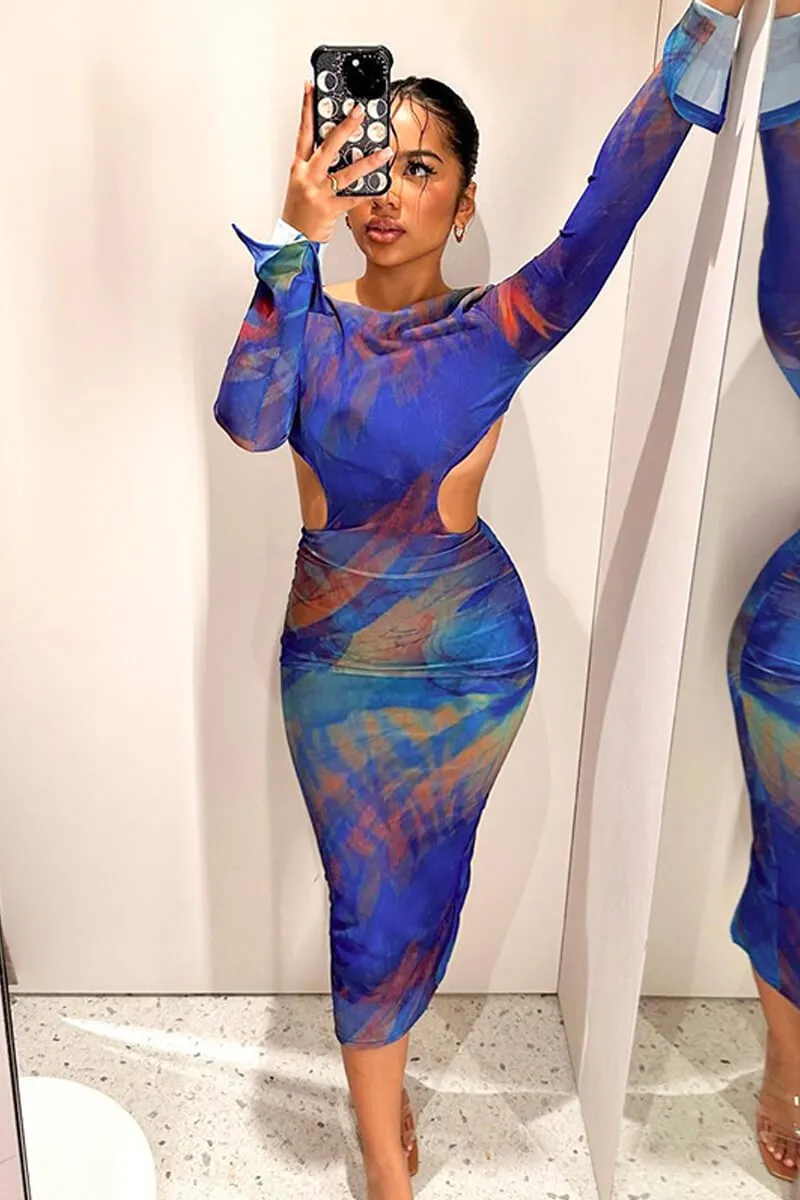 Tie Dye Cut Out Mesh Bodycon Midi Dress Long Sleeve