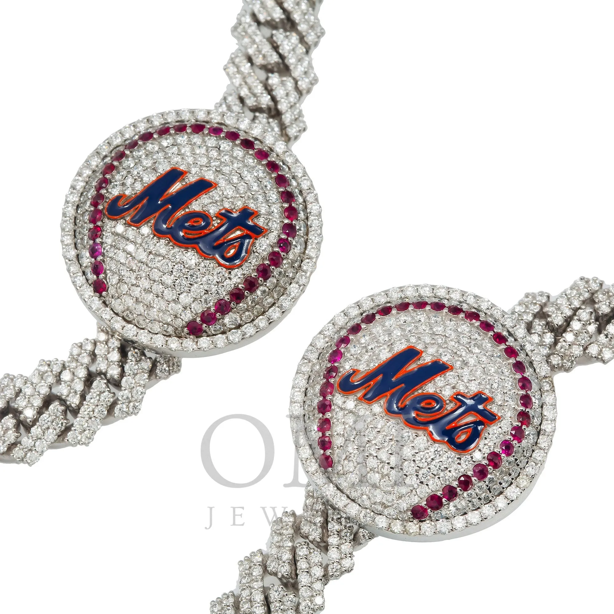 WHITE GOLD ROUND DIAMOND NEW YORK METS CUSTOM CUBAN CHAIN