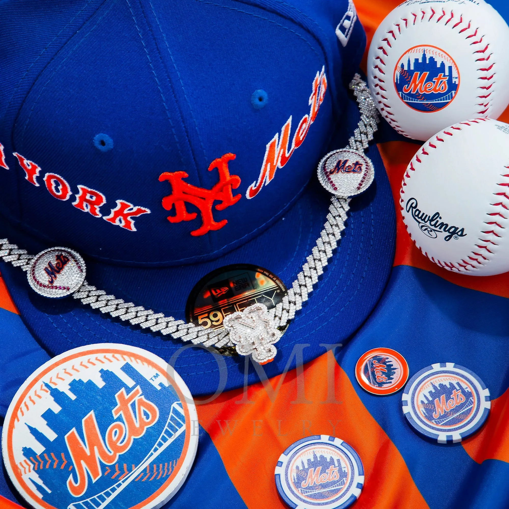 WHITE GOLD ROUND DIAMOND NEW YORK METS CUSTOM CUBAN CHAIN