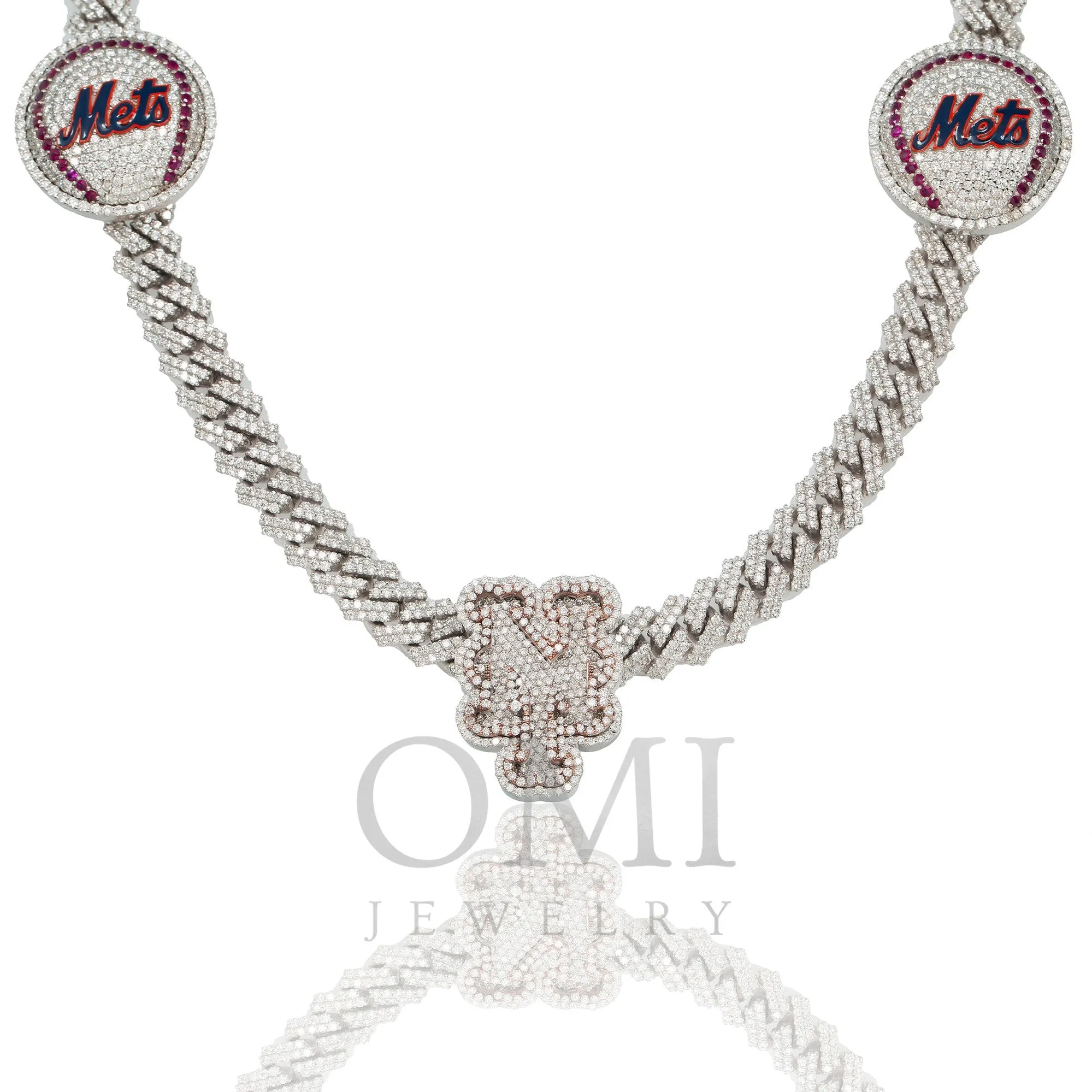 WHITE GOLD ROUND DIAMOND NEW YORK METS CUSTOM CUBAN CHAIN