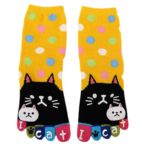 Women Cute Cartoon Cat Five Toes Socks Thick Warm Middle Tube Sock