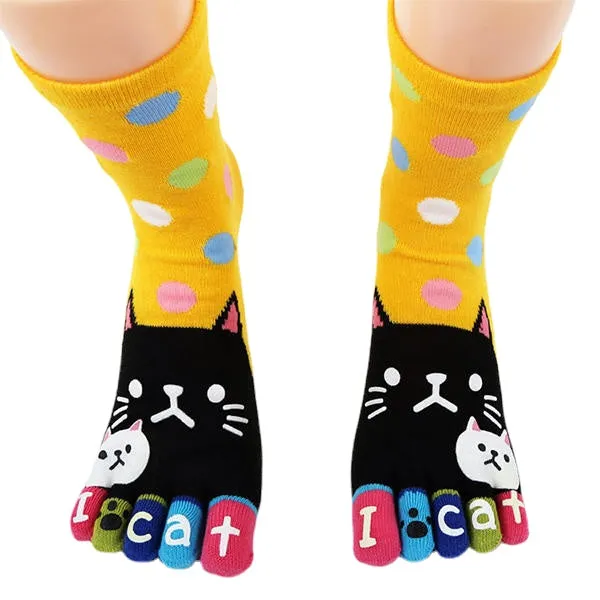 Women Cute Cartoon Cat Five Toes Socks Thick Warm Middle Tube Sock