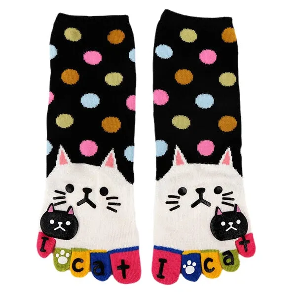 Women Cute Cartoon Cat Five Toes Socks Thick Warm Middle Tube Sock