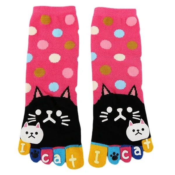 Women Cute Cartoon Cat Five Toes Socks Thick Warm Middle Tube Sock