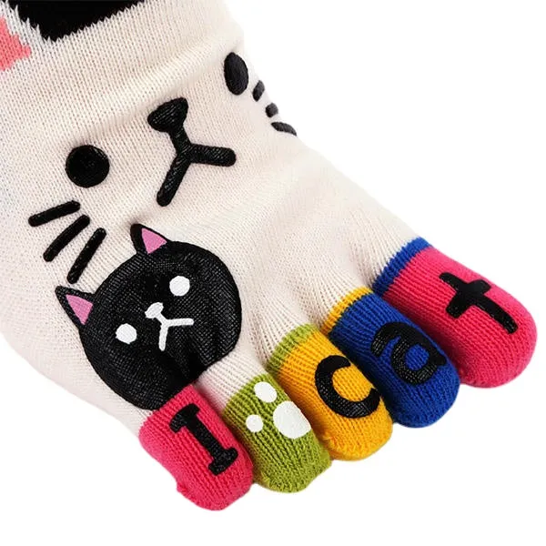 Women Cute Cartoon Cat Five Toes Socks Thick Warm Middle Tube Sock