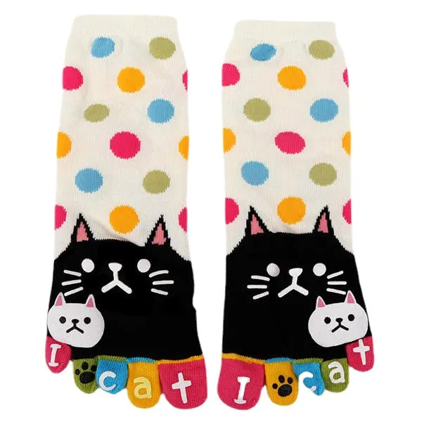 Women Cute Cartoon Cat Five Toes Socks Thick Warm Middle Tube Sock