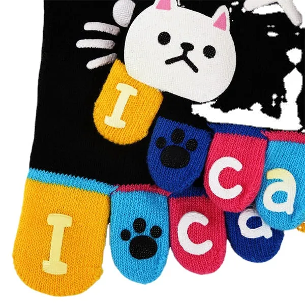 Women Cute Cartoon Cat Five Toes Socks Thick Warm Middle Tube Sock