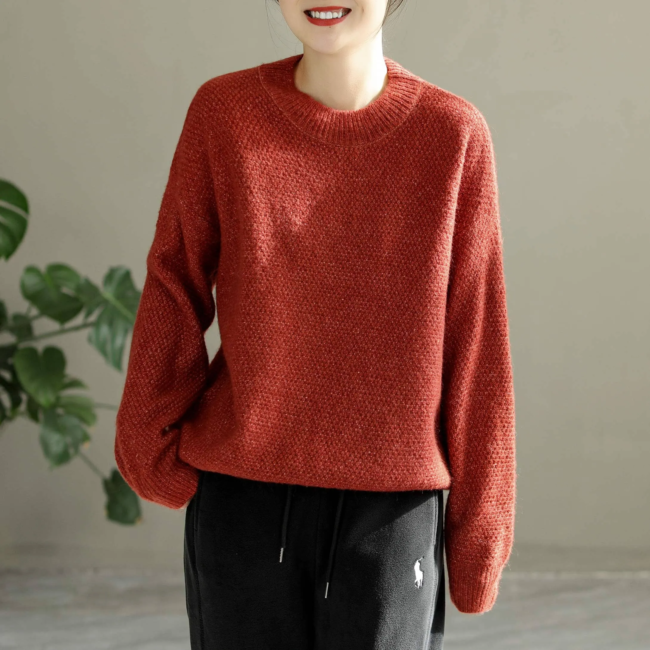 Women Solid Loose Knitted Autumn Winter Warm Sweater