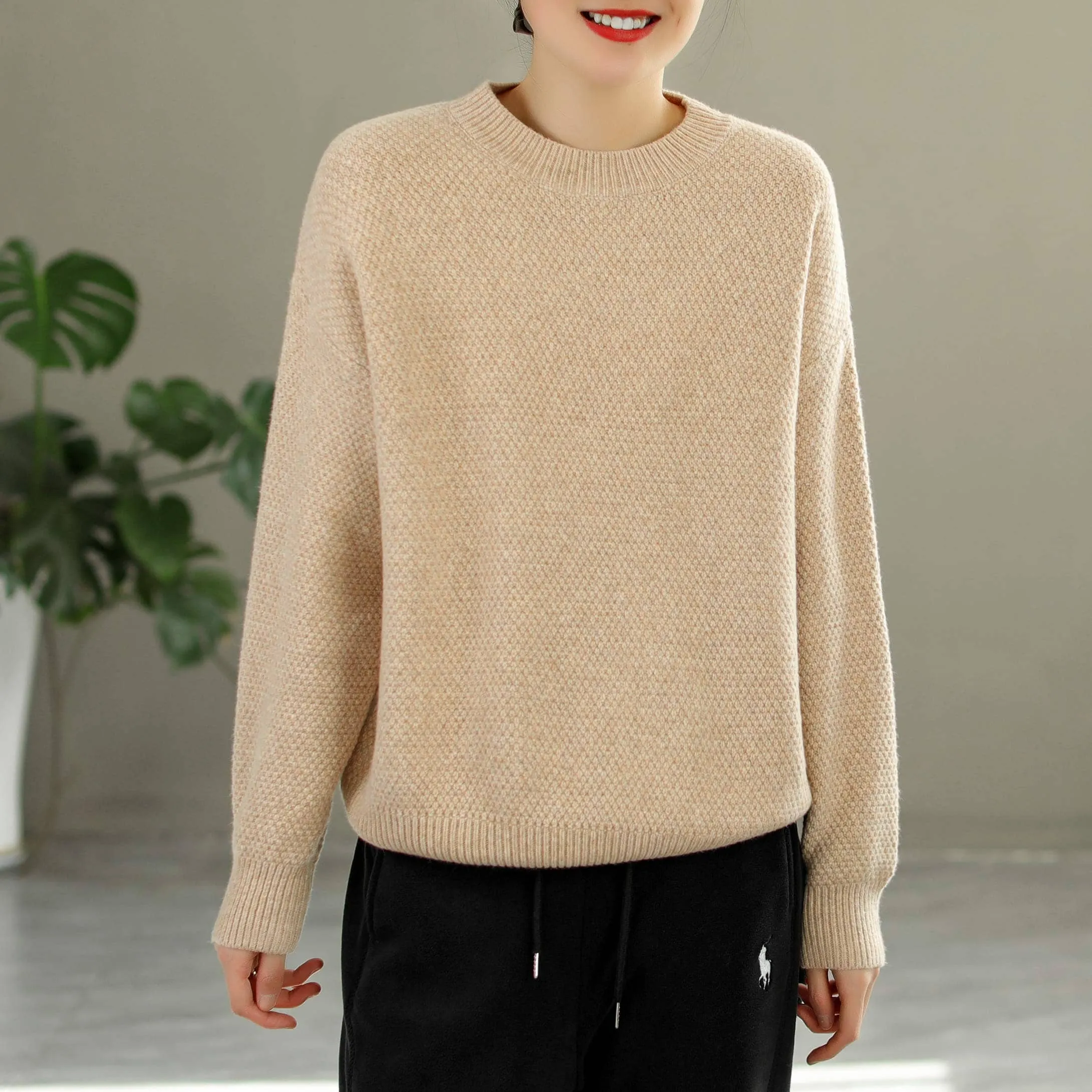 Women Solid Loose Knitted Autumn Winter Warm Sweater