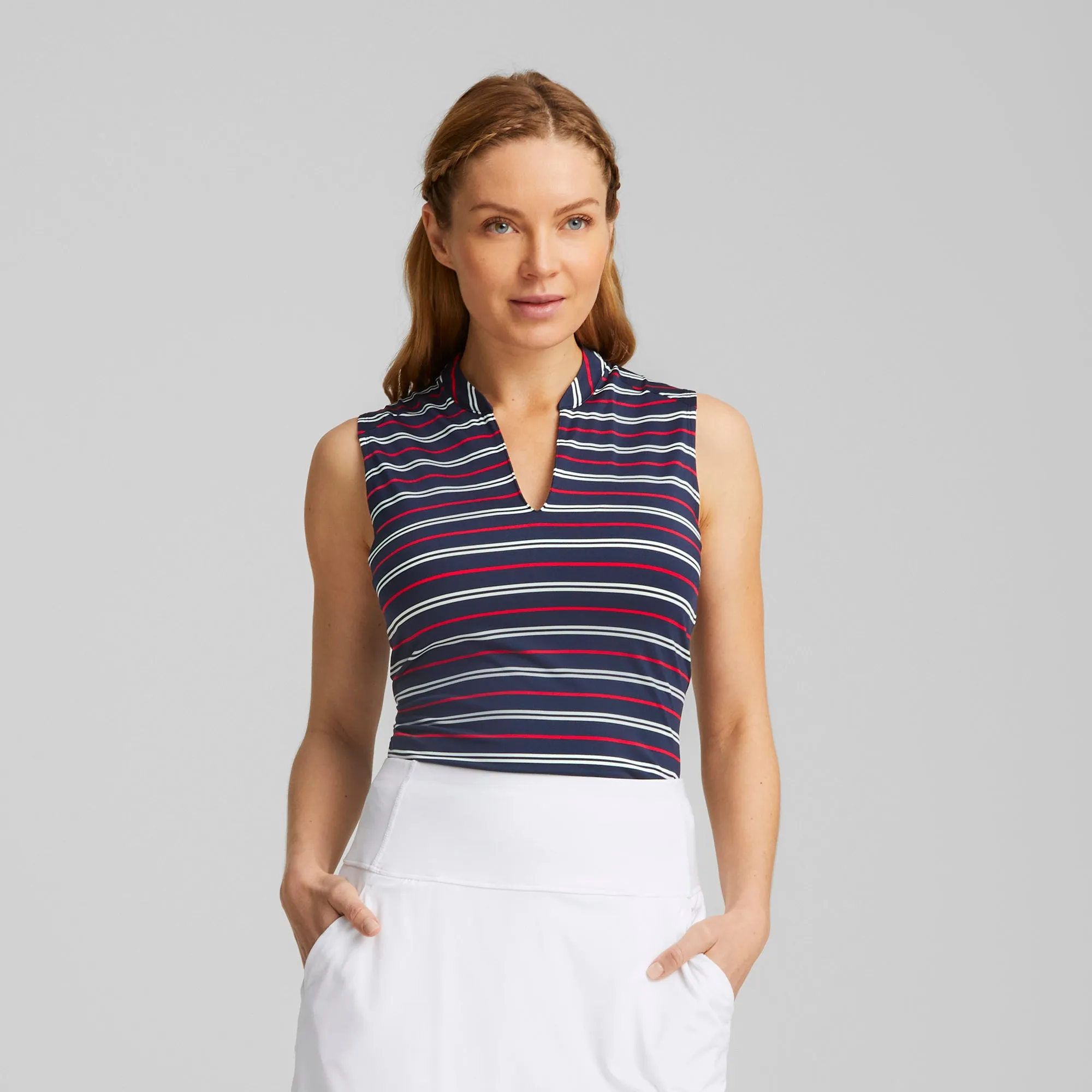 Women's Volition Striped Sleeveless Golf Polo